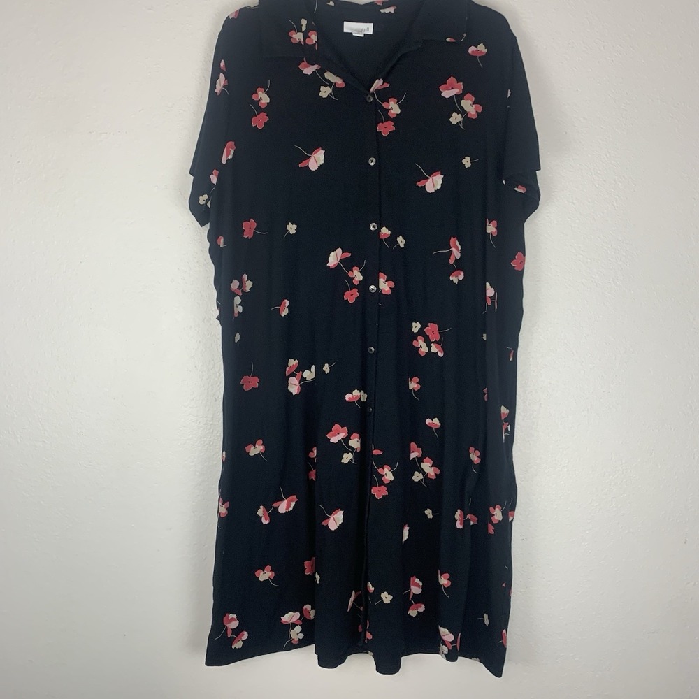 J Jill Dress Women 2X Black Floral Ginger Pima Cotton Shirt Pockets Soft Stretch